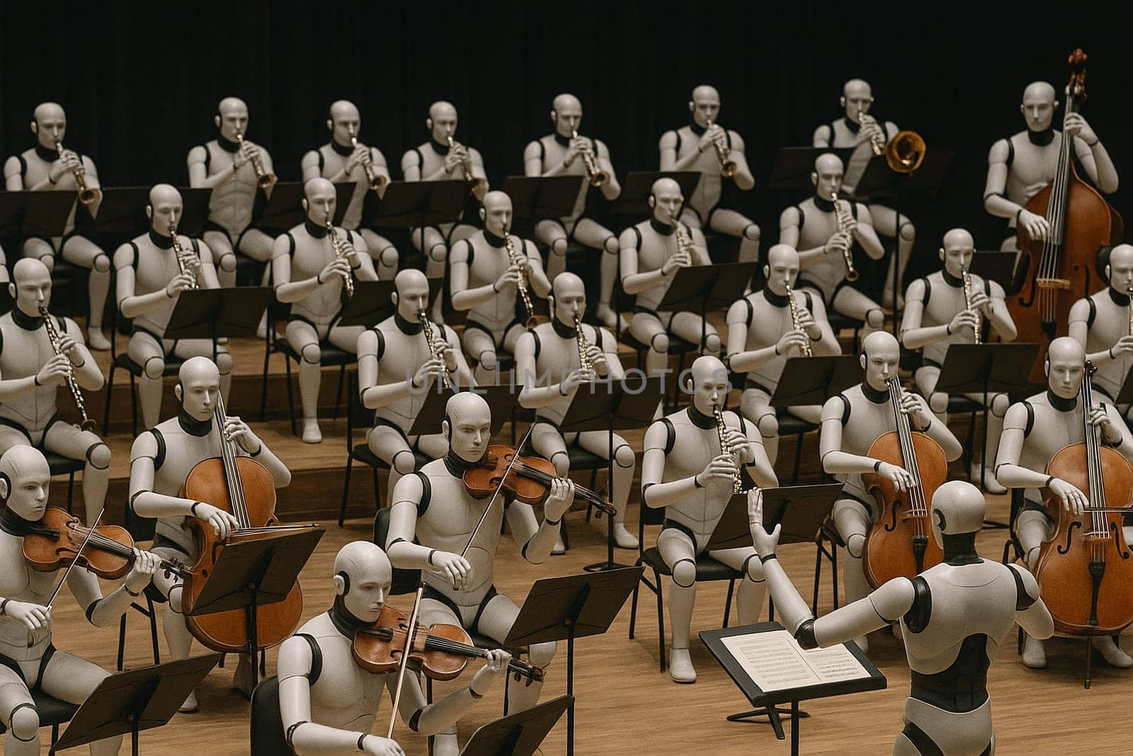 AI generated a futuristic symphony performance featuring a full orchestra of humanoid robots playing various classical instruments in an elegant concert hall setting with dramatic lighting.