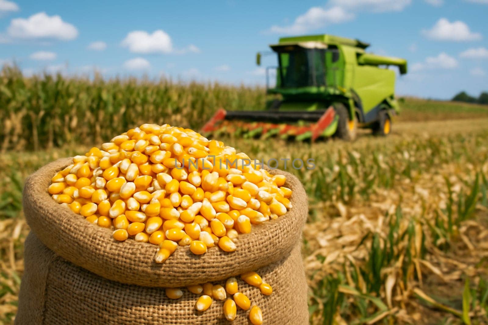 AI generated burlap sack overflowing with fresh golden corn kernels against backdrop of cornfield with harvester under bright blue sky