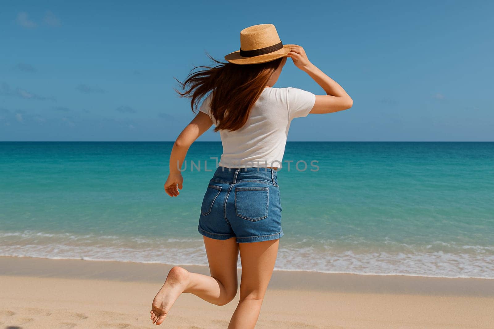 AI generated young woman wearing white t-shirt and denim shorts running toward ocean waves on sunny beach with arms outstretched