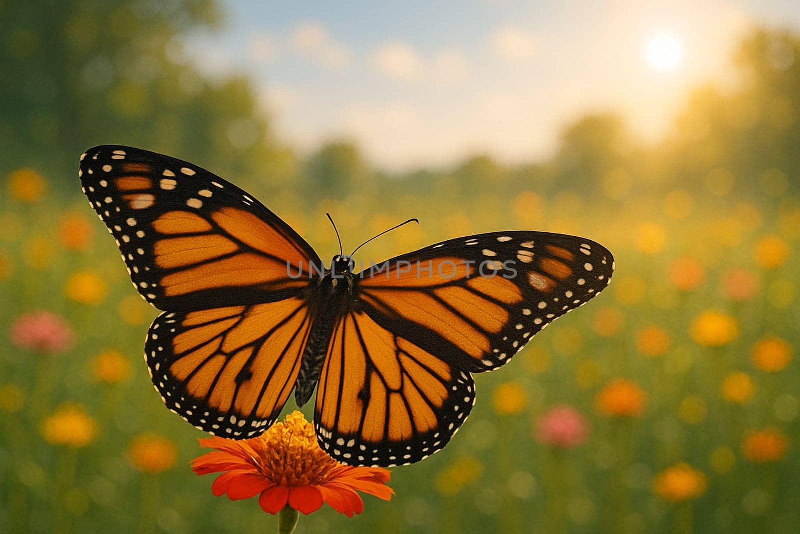 AI generated female monarch butterfly with fully open wings resting on a bright flower in a colorful wildflower meadow under gentle morning sunlight with clear blue sky backdrop