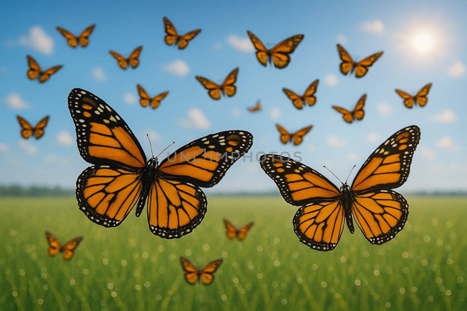 AI generated male and female monarch butterflies in flight near and far above a glistening dewy grassland with endless fields meeting vibrant blue sky at horizon