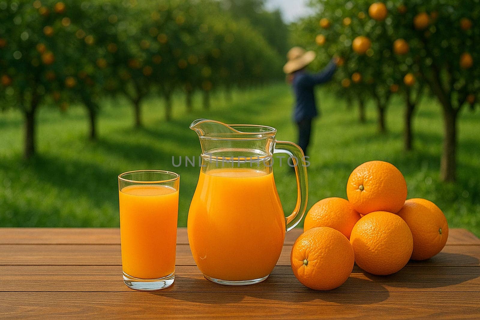 AI generated rustic wooden table holding glass jug of cold fresh-squeezed orange juice and whole oranges with orange orchard harvest backdrop under sunny sky