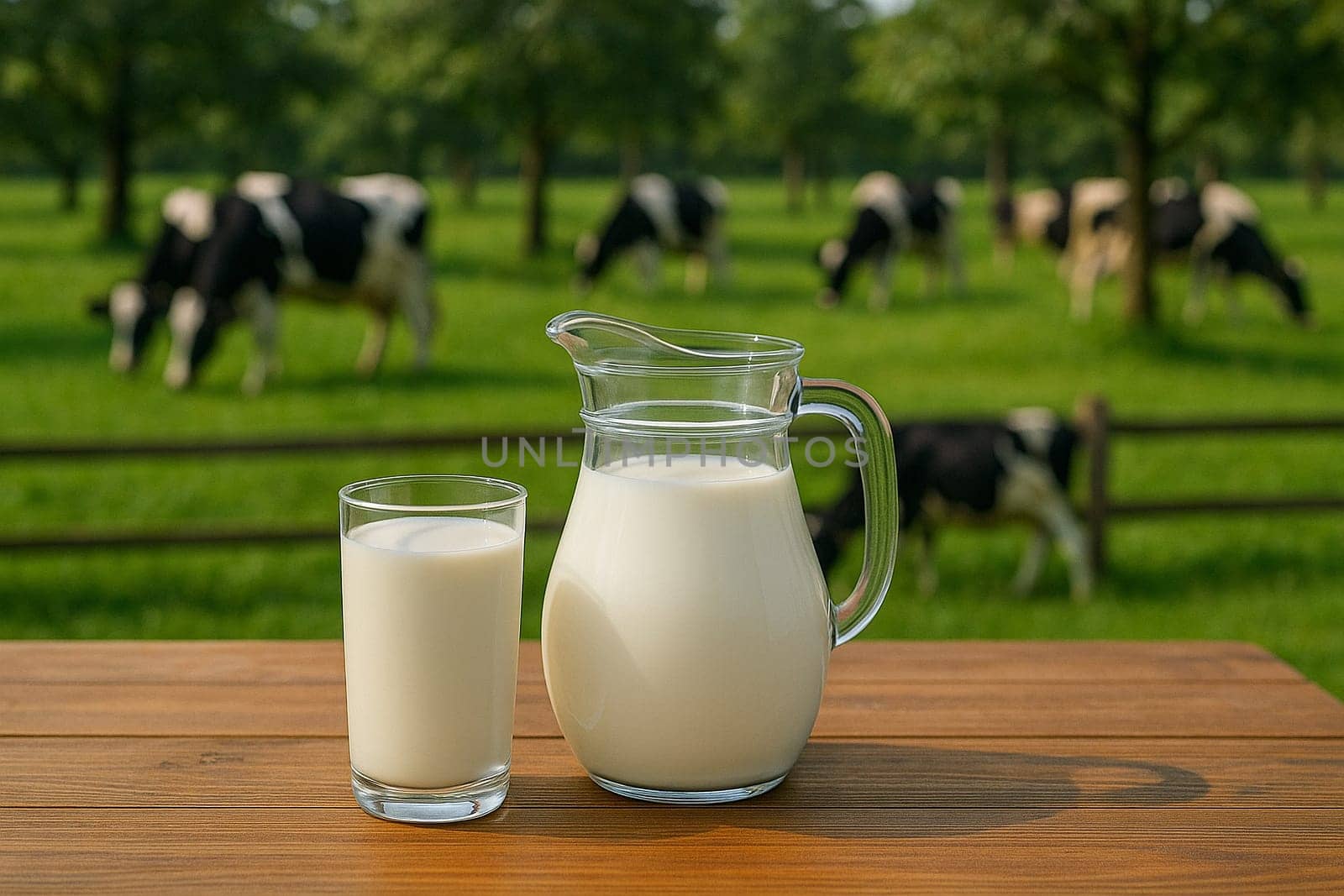 AI generated rustic wooden table with glass jug of fresh cow milk and drinking glass against pastoral backdrop of dairy farm under clear blue sky