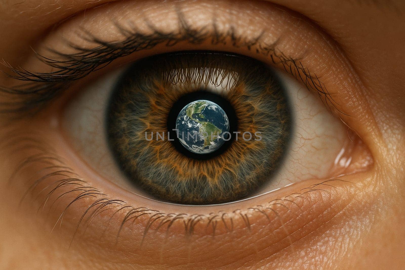 AI generated super macro close-up of a human eye focusing on the retina where a miniature planet floats suspended in the iris with intricate details