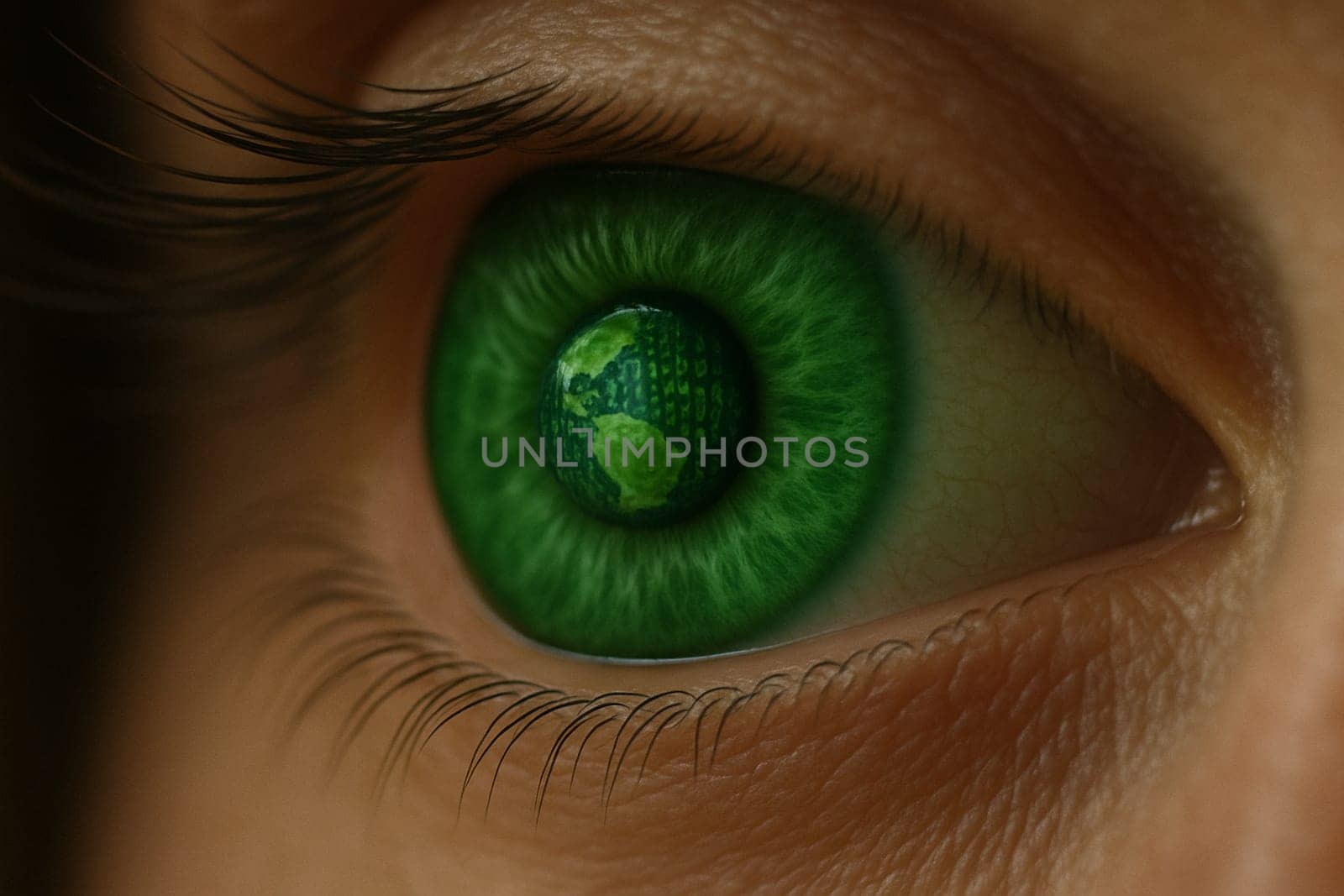AI generated super macro side angle of a vivid green human eye focusing on the retina where digital binary code patterns are reflected in the pupil