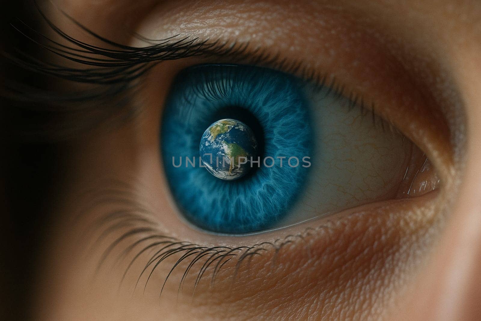 AI generated super macro side angle of a striking blue human eye focusing on the detailed retina where a miniature earth globe floats suspended in the pupil