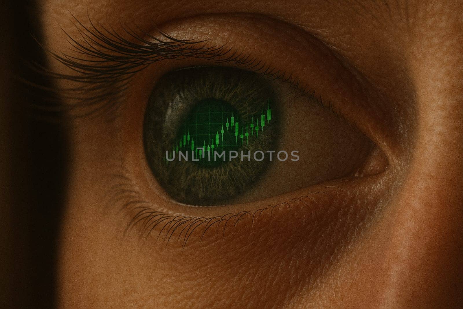 AI generated super macro side angle of a human eye focusing on the retina where a detailed stock market graph is reflected in the pupil