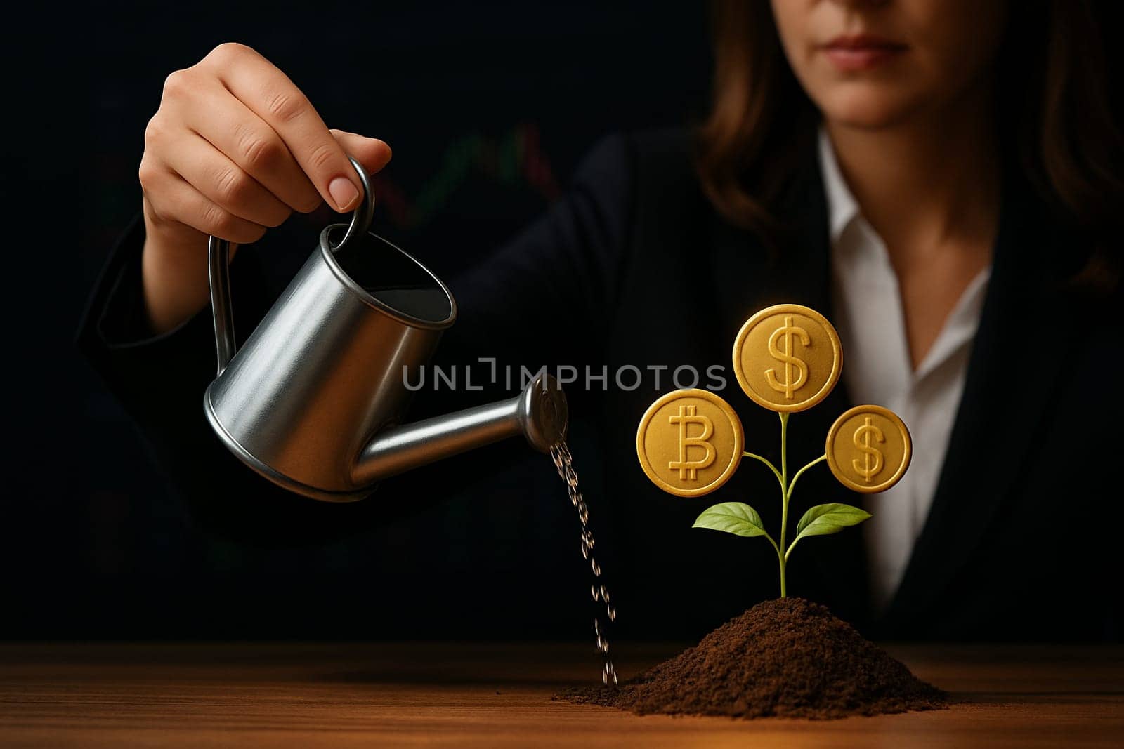 AI generated professional woman in suit using sleek silver watering can to nurture growing plant with bitcoin, dollar and gold coin leaves against illuminated stock exchange board background