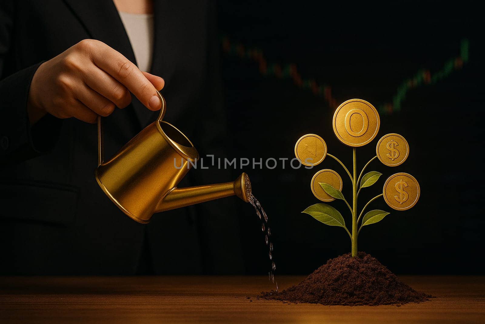 AI generated well-dressed professional using gold watering can to cultivate thriving money tree adorned with bitcoin, dollar and gold coins against glowing stock ticker backdrop