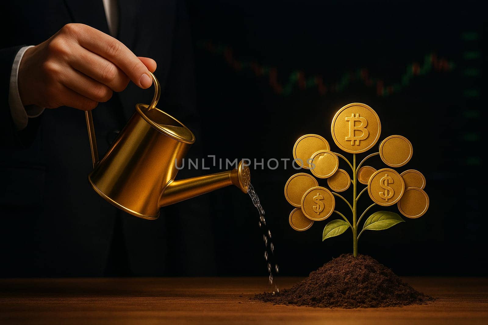 AI generated well-dressed professional using gold watering can to cultivate thriving money tree adorned with bitcoin, dollar and gold coins against glowing stock ticker backdrop