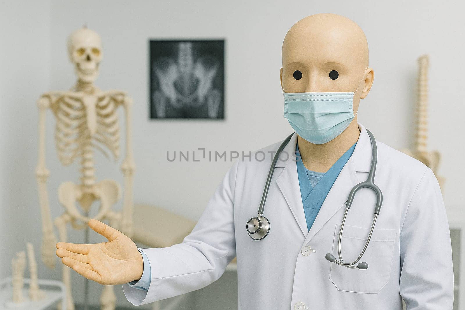 AI generated humanoid orthopedic robot in medical coat gesturing invitation in bone clinic with human skeleton model and advanced orthopedic medical equipment