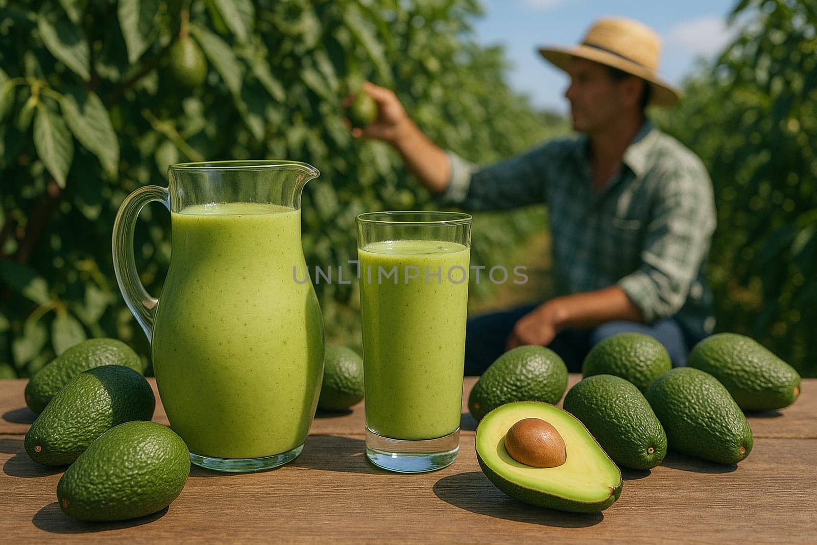 AI generated rustic wooden table featuring glass jug of blended avocado drink, sliced avocados and whole fresh fruits against sunny avocado orchard with farmers harvesting