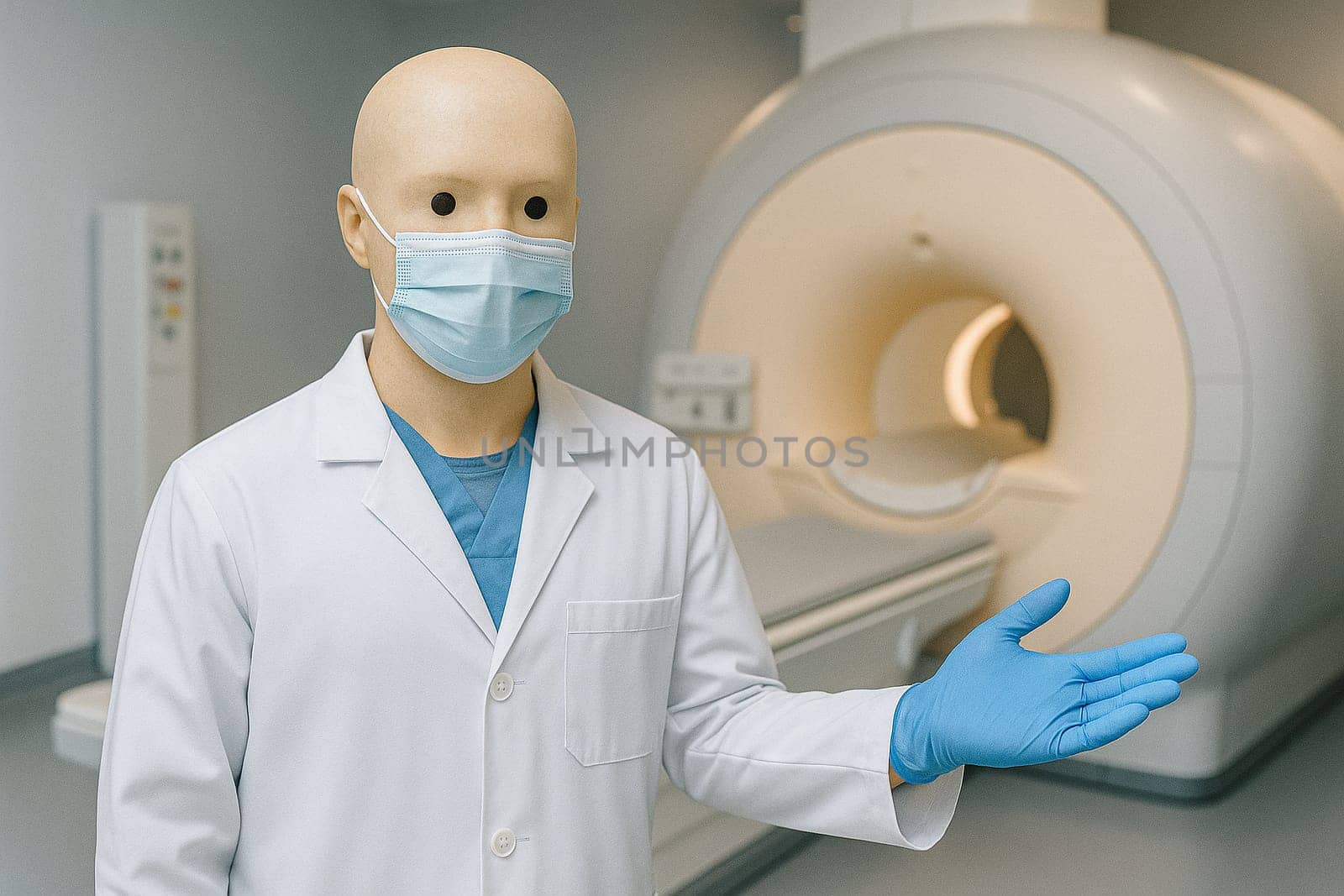 AI generated humanoid medical robot in technician uniform gesturing invitation in modern MRI scanning room with advanced medical imaging equipment
