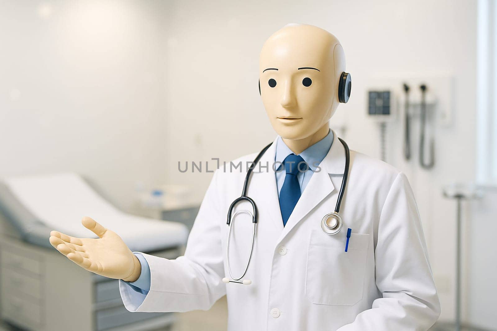 AI generated humanoid robot wearing doctor's uniform gesturing welcoming invitation in modern hospital examination room with medical equipment and devices