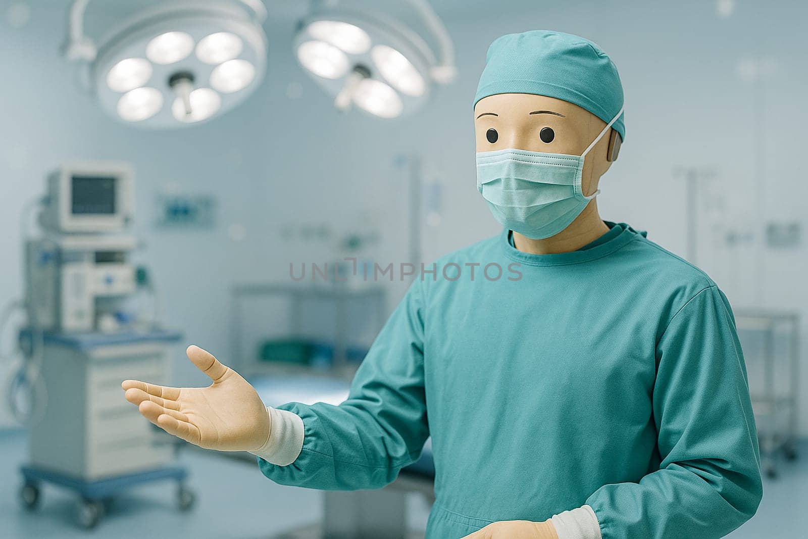 AI generated humanoid surgical robot in medical scrubs gesturing invitation in sterile operating room with advanced surgical equipment and bright lighting
