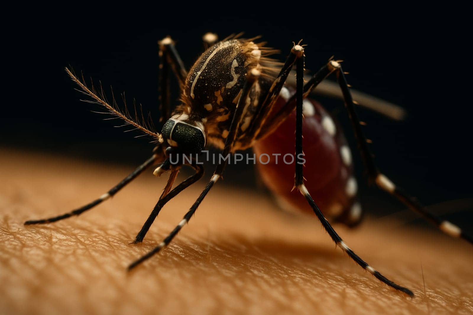 AI generated super macro close-up of an aedes mosquito feeding on human blood with detailed view of proboscis penetrating skin and blood vessel