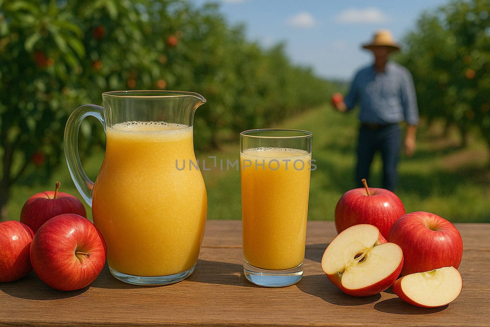 AI generated wooden table with glass pitcher of blended apple drink, sliced fresh apples and whole fruits against sunny apple orchard backdrop featuring farmers harvesting