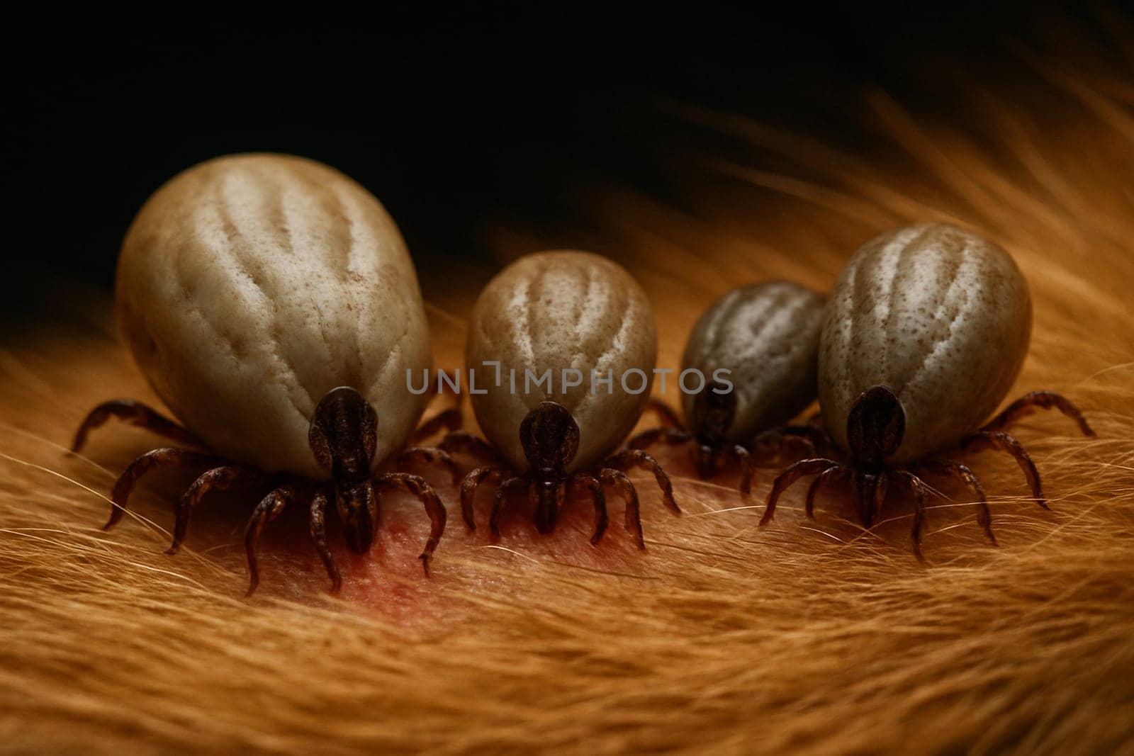 AI generated super macro close-up of multiple ticks attached and feeding on a dog's skin, showing detailed mouthpart penetration and blood feeding behavior