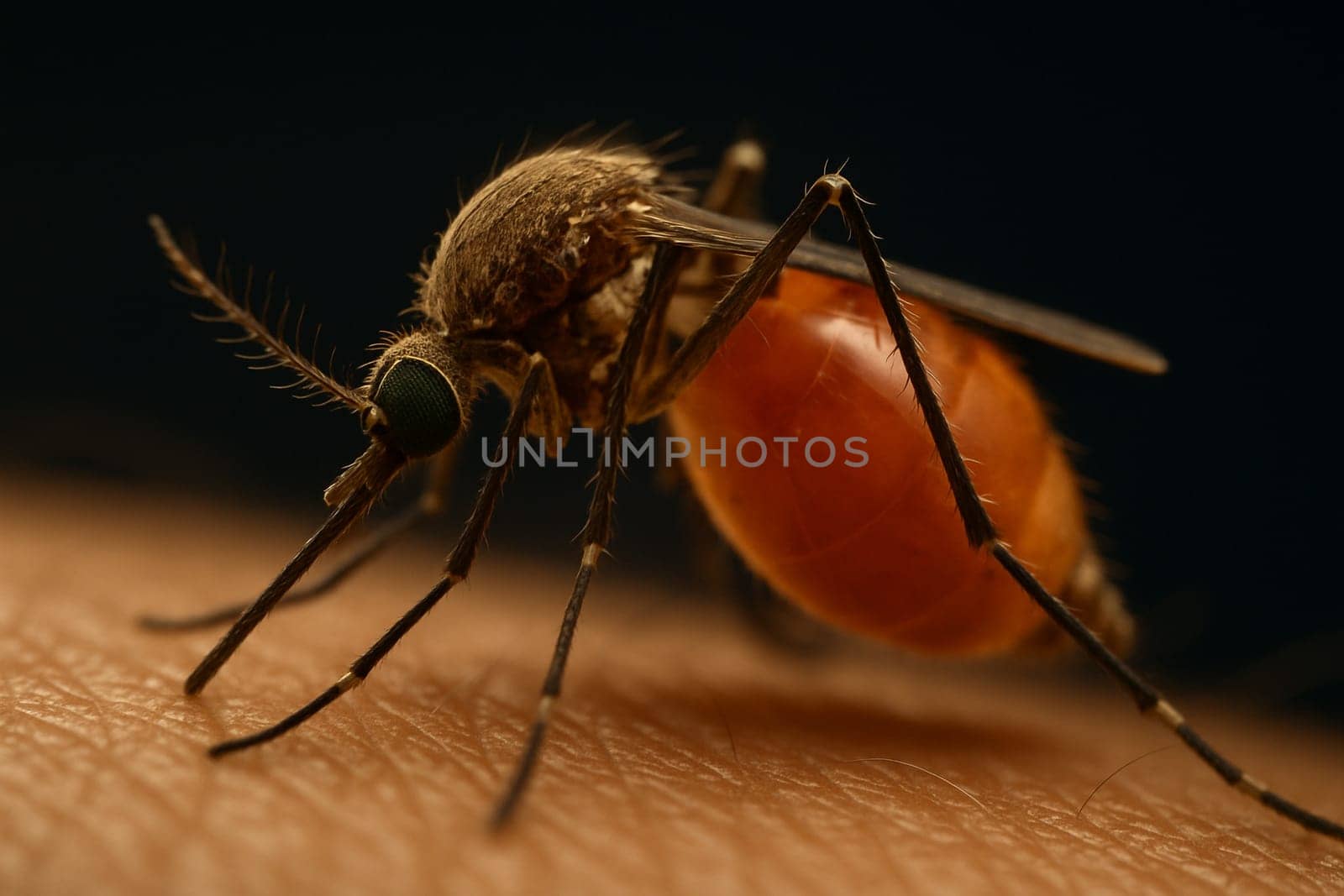 AI generated super macro close-up of a culex mosquito with distinctive pointed abdomen feeding on human blood, showing proboscis penetrating skin with blood vessel detail
