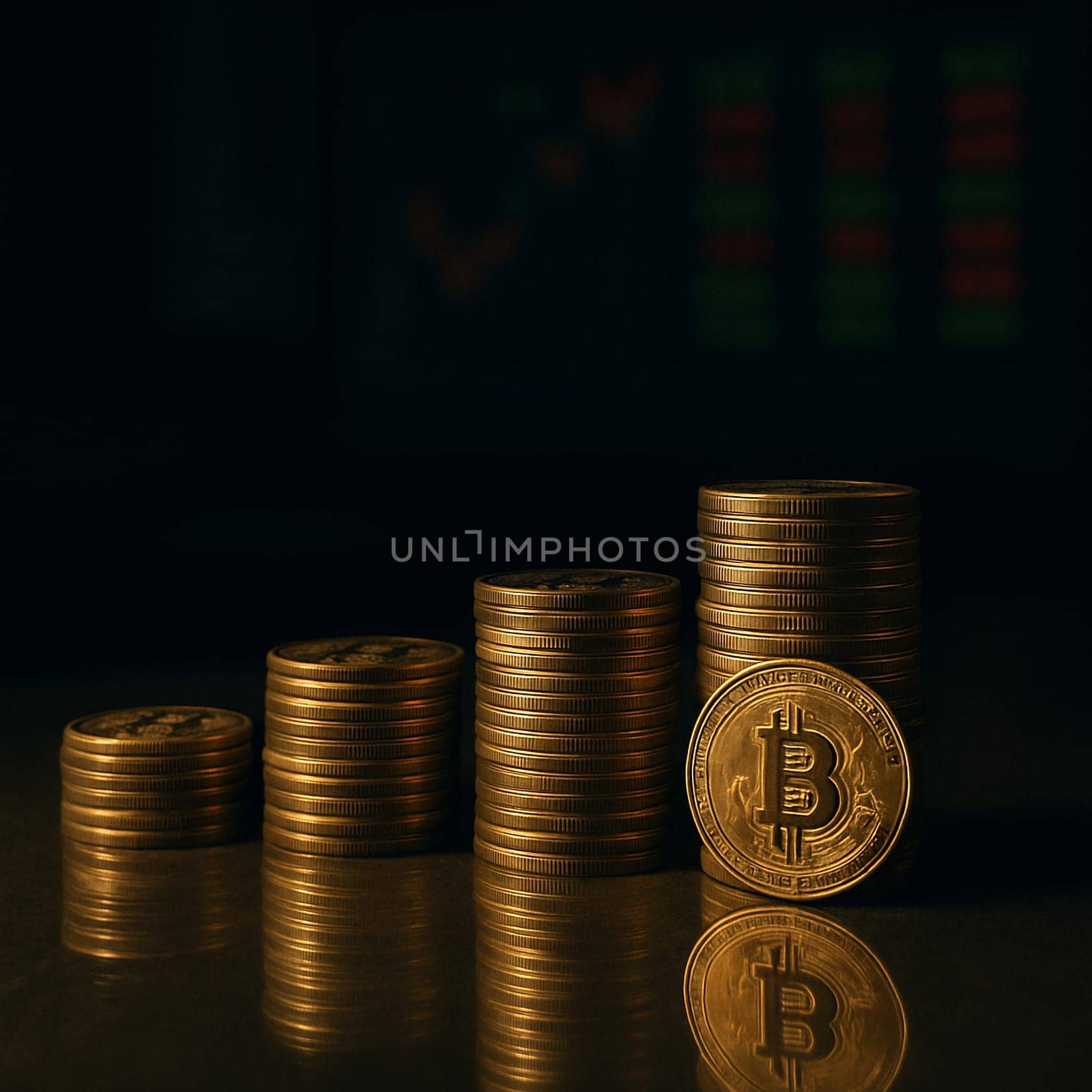 AI generated stack of physical bitcoin coins on reflective glass surface with modern cryptocurrency exchange backdrop showing digital asset price boards and trading monitors