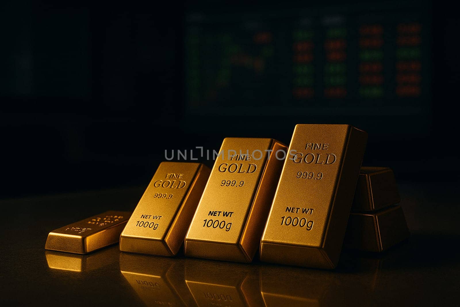 AI generated stack of shiny gold bullion bars on reflective glass surface with active trading floor backdrop showing stock market boards and financial data screens