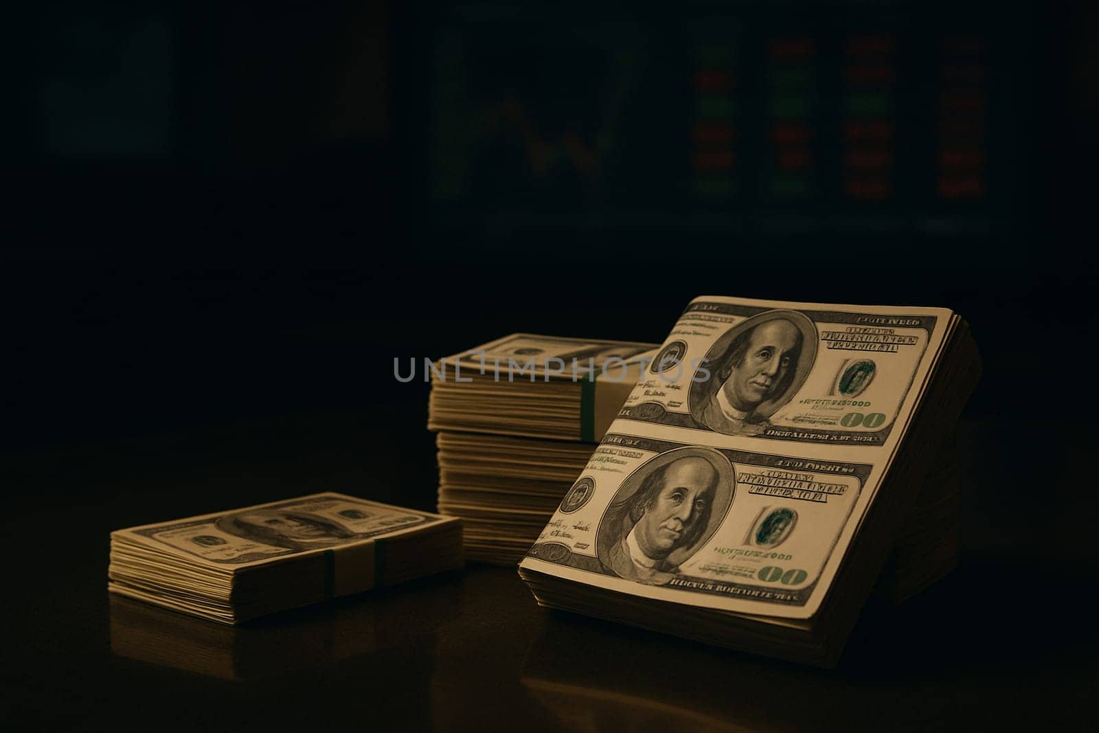 AI generated pile of crisp banknotes on reflective glass surface with active trading floor backdrop showing real-time stock market data and financial monitors