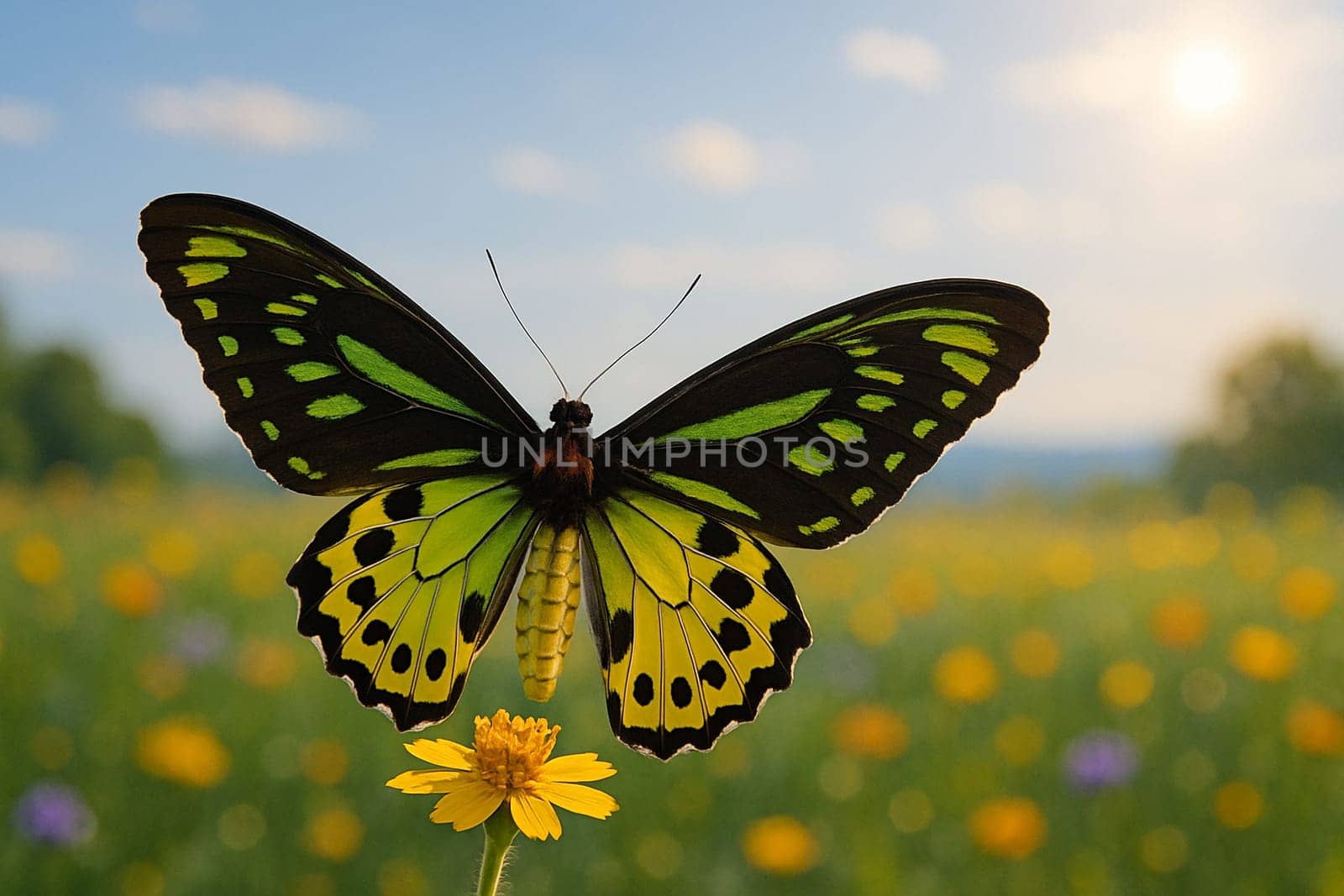 AI generated Queen Alexandra's Birdwing, the world's largest butterfly, with fully expanded wings resting on a flower in vibrant meadow under soft morning sunlight