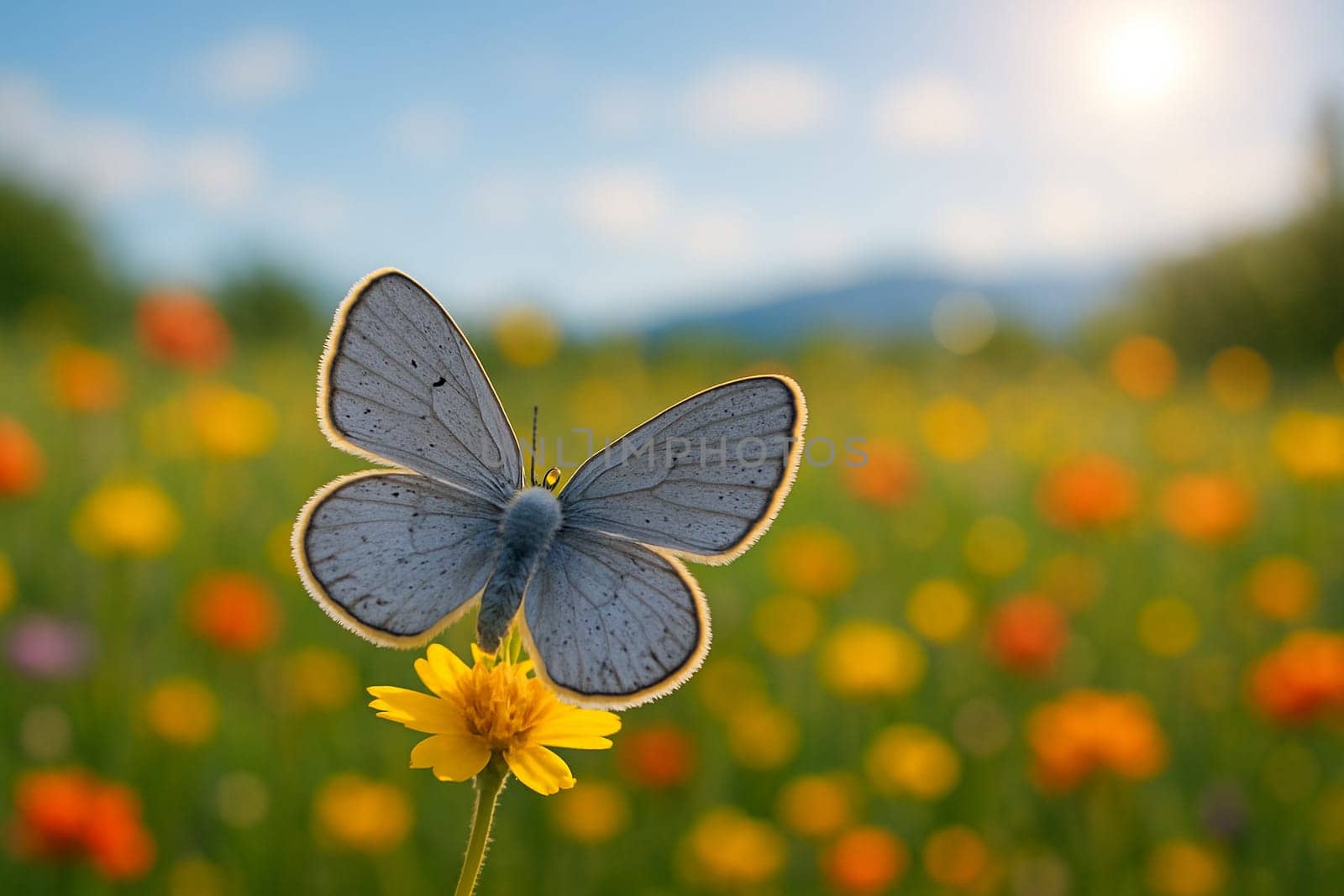 AI generated Leona's Little Blue butterfly with fully extended wings perched on a wildflower in a vibrant meadow under soft morning sunlight with clear blue sky
