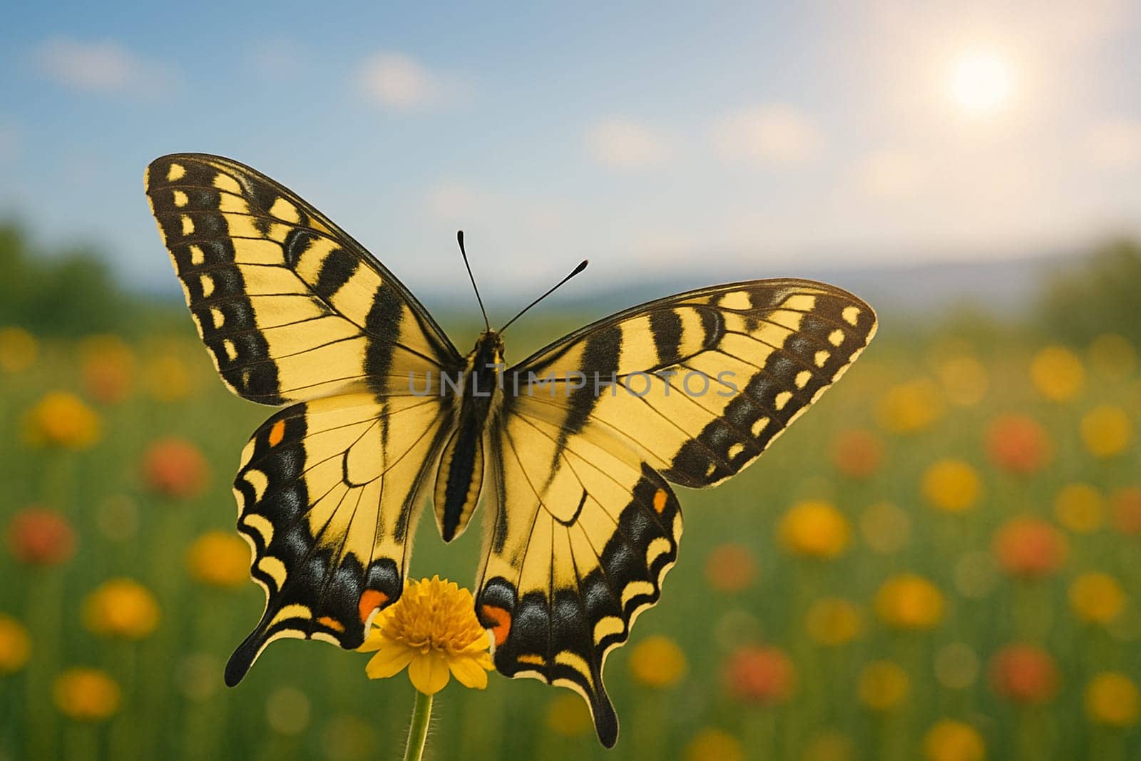 AI generated Schaus' Swallowtail butterfly with fully expanded wings perched on a wildflower in a vibrant meadow under soft morning sunlight with clear blue sky