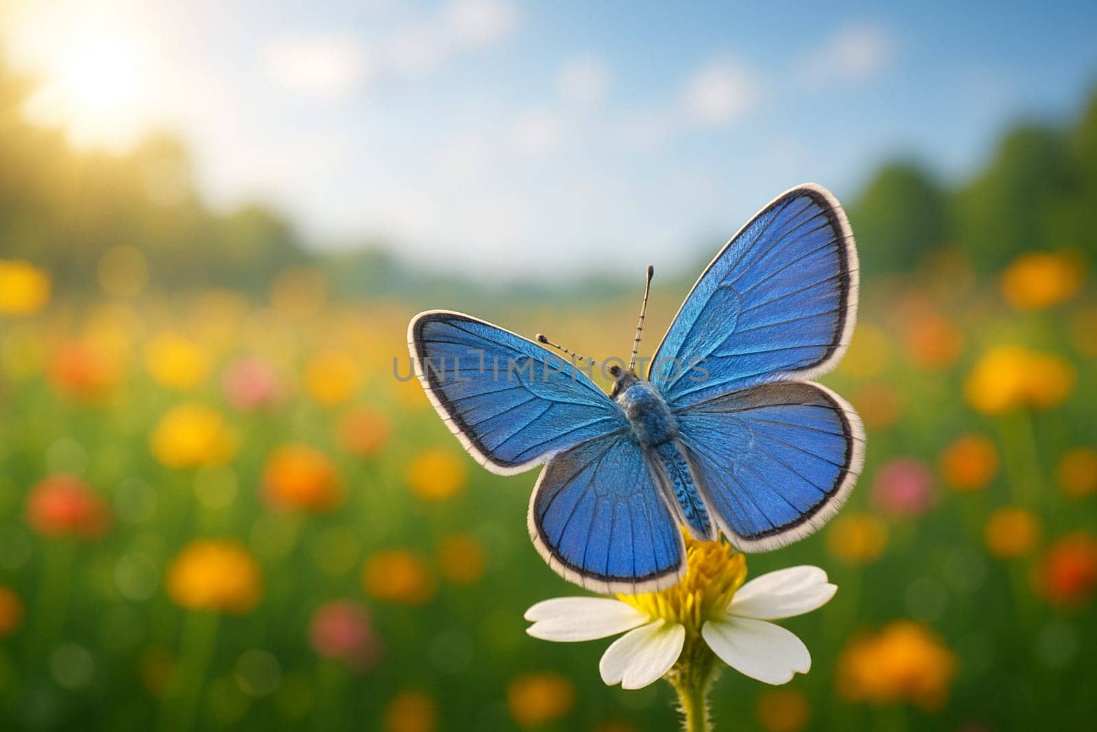 AI generated endangered Miami Blue butterfly with fully expanded metallic-blue wings perched on a wildflower in vibrant meadow under soft morning light with bokeh background
