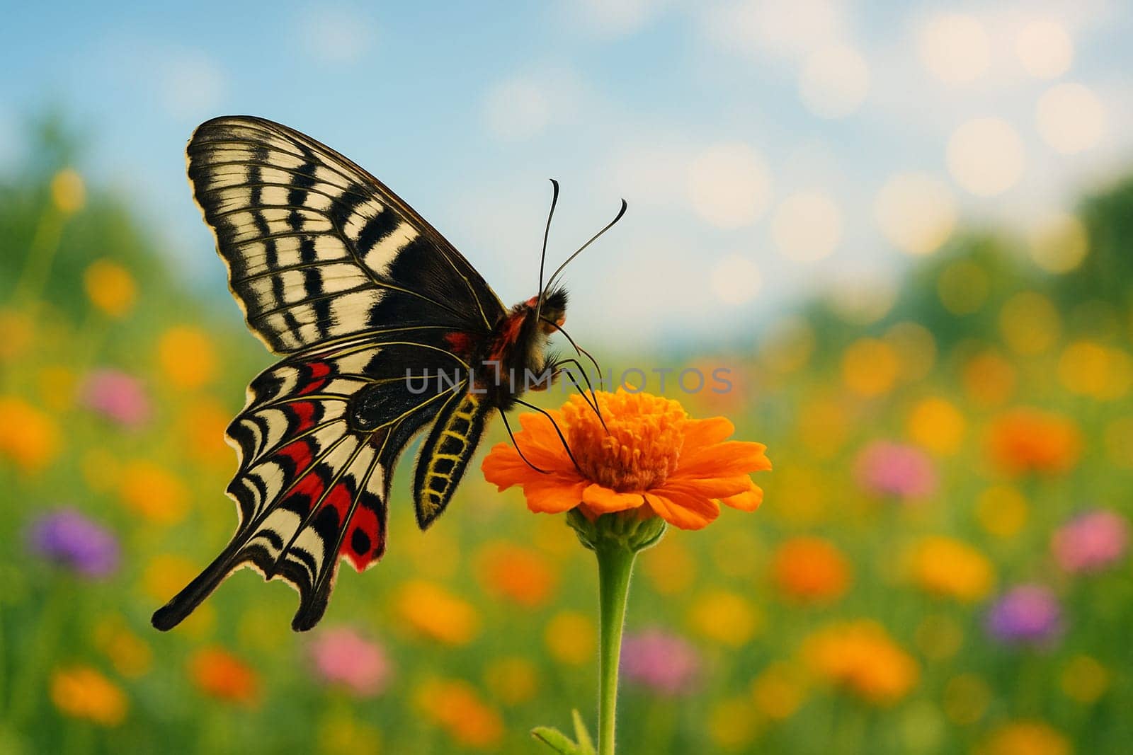 AI generated Bhutan Glory butterfly with magnificent wings fully displayed on a wildflower in a vibrant Himalayan meadow under golden morning light