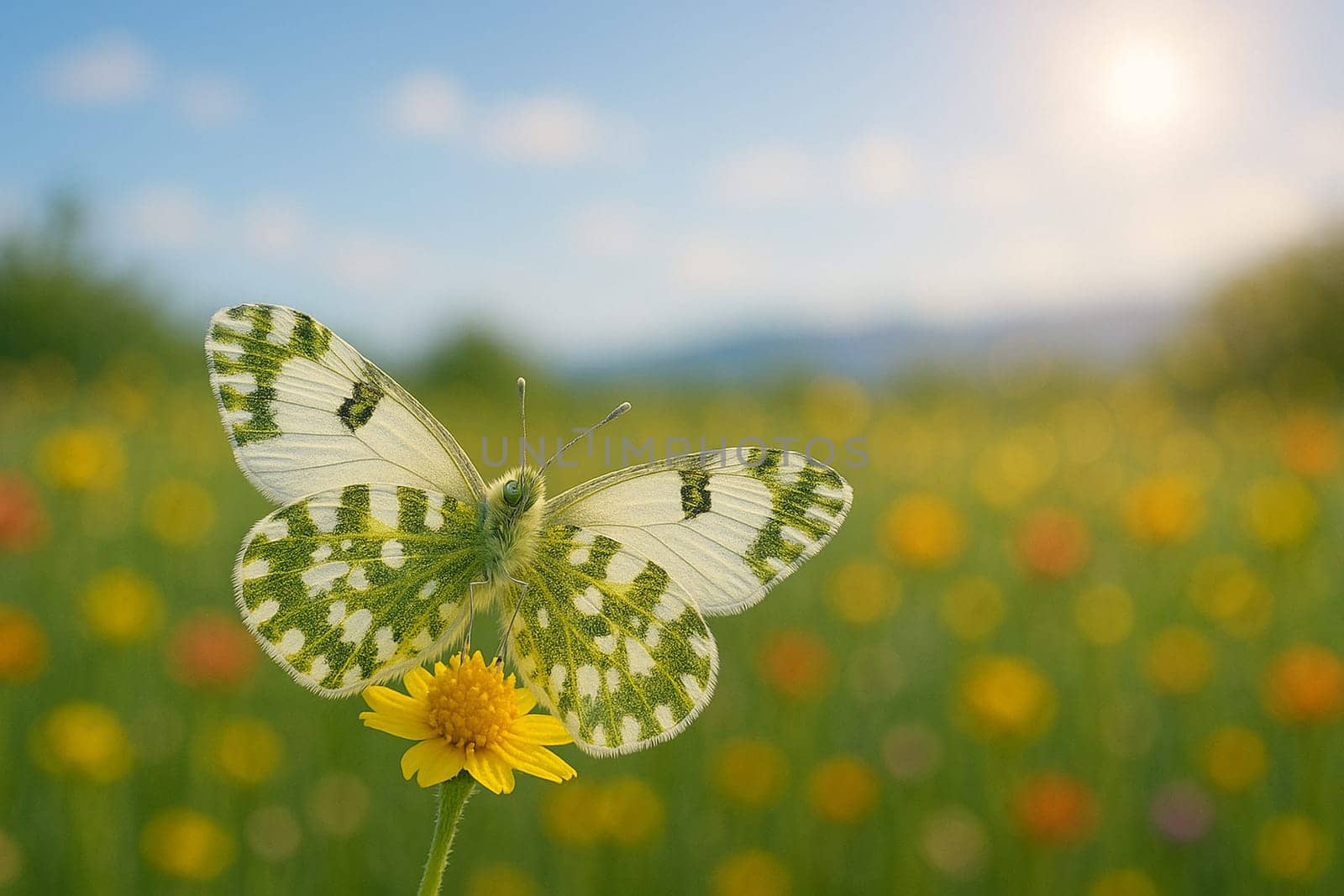 AI generated critically endangered Island Marble Butterfly with fully expanded wings resting on a wildflower in a colorful meadow under soft morning light with clear blue sky backdrop