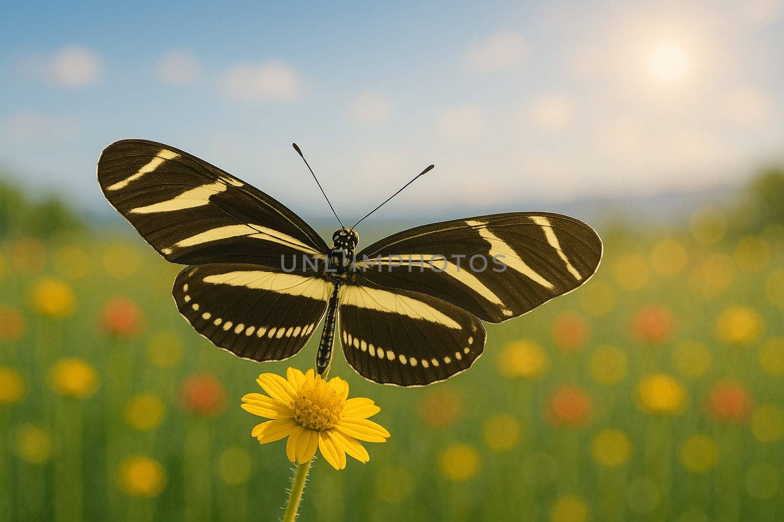 AI generated Zebra Longwing butterfly with distinctive black-and-yellow striped wings fully extended on a wildflower in a sunlit meadow under soft morning light