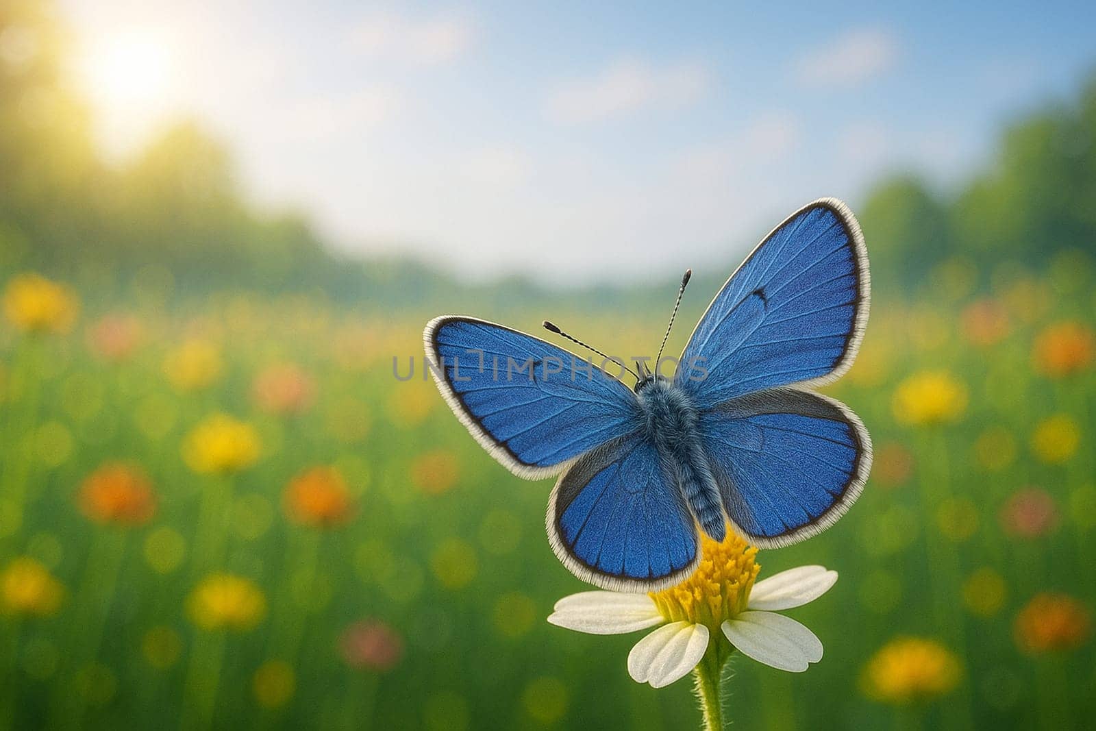 AI generated critically endangered Palos Verdes Blue butterfly with wings fully extended on a coastal flower in vibrant meadow under soft morning light