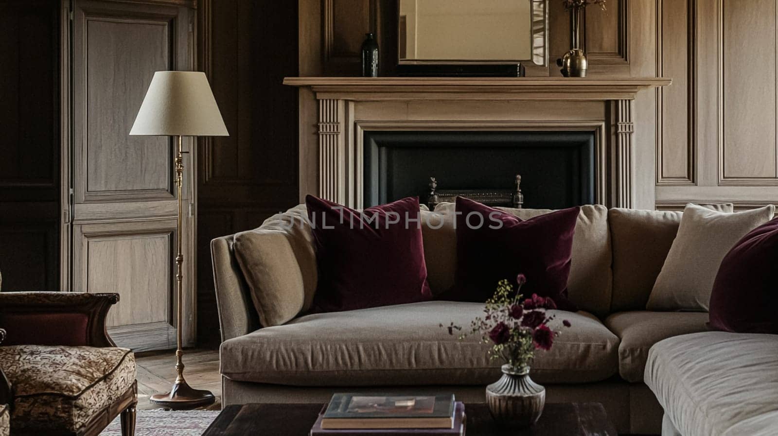Refined English interiors with soft neutral tones, botanical art, fresh florals, classic panelled walls, and elegant furnishings for a feminine yet timeless home atmosphere