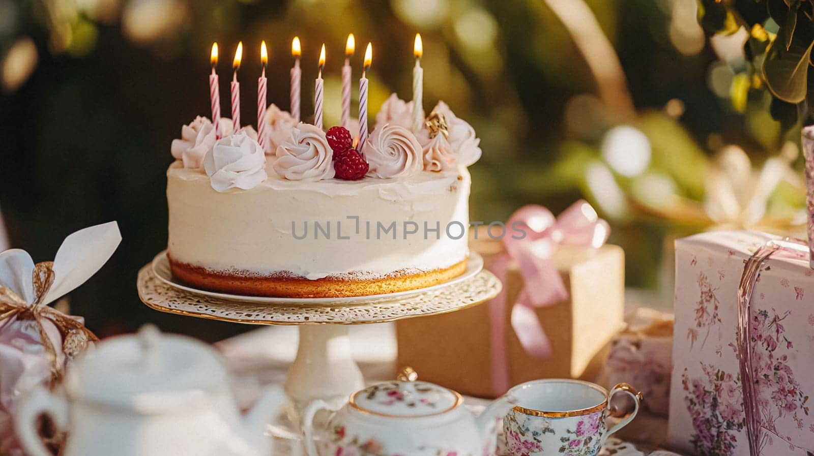 Delightful garden Birthday celebration featuring floral cakes, pastel gift wrap, vintage teaware, and soft bunting, evoking a tender, joyful birthday gathering in an English countryside garden