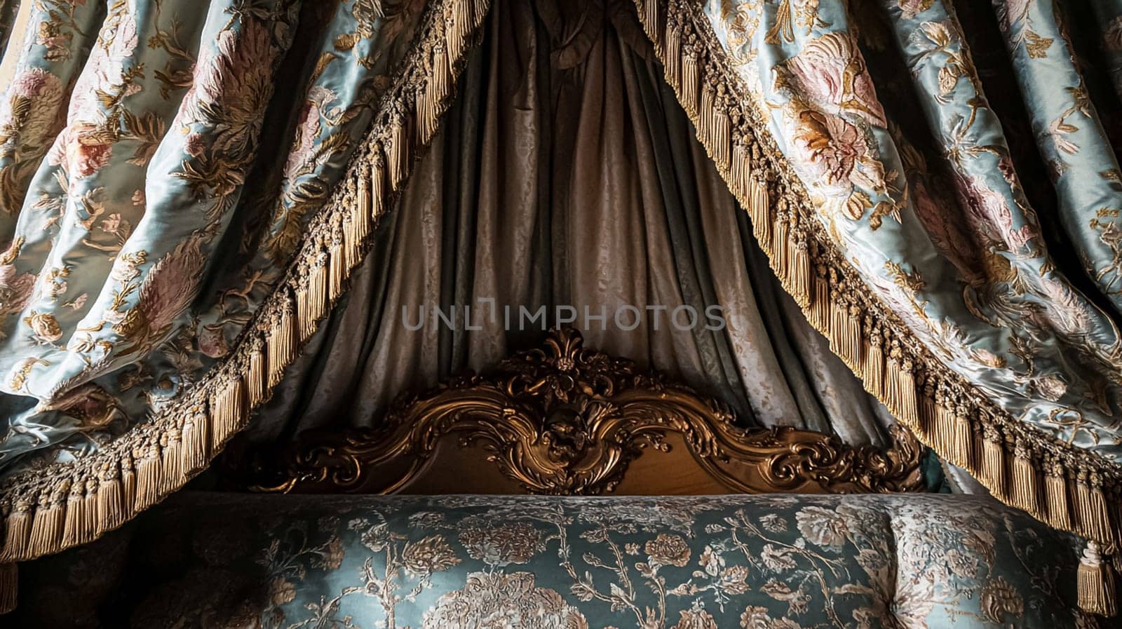 Opulent Baroque interiors with gilded four-poster beds, floral drapes, ornate furniture, and classical detailing, capturing a romantic old-world charm fit for an English noble manor
