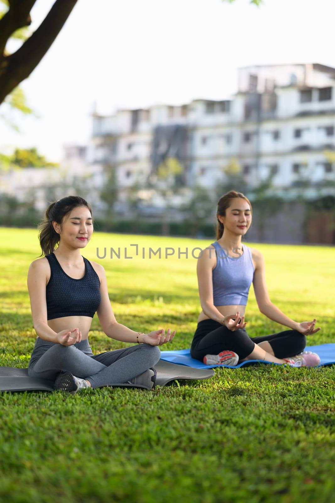 Two young women practicing mindfulness and meditation in a green outdoor space.