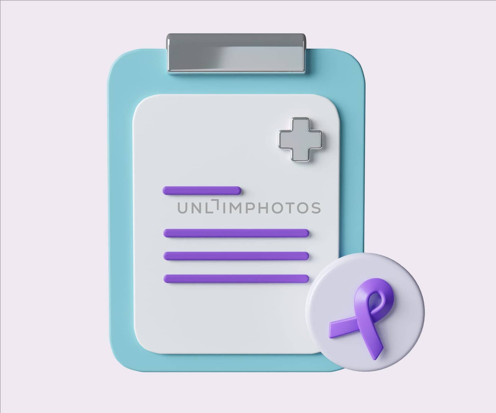 Medical Clipboard with Purple Ribbon . World Cancer Day concept, February 4. Raise awareness, prevention, detection, treatment. Icon design 3d illustration.
