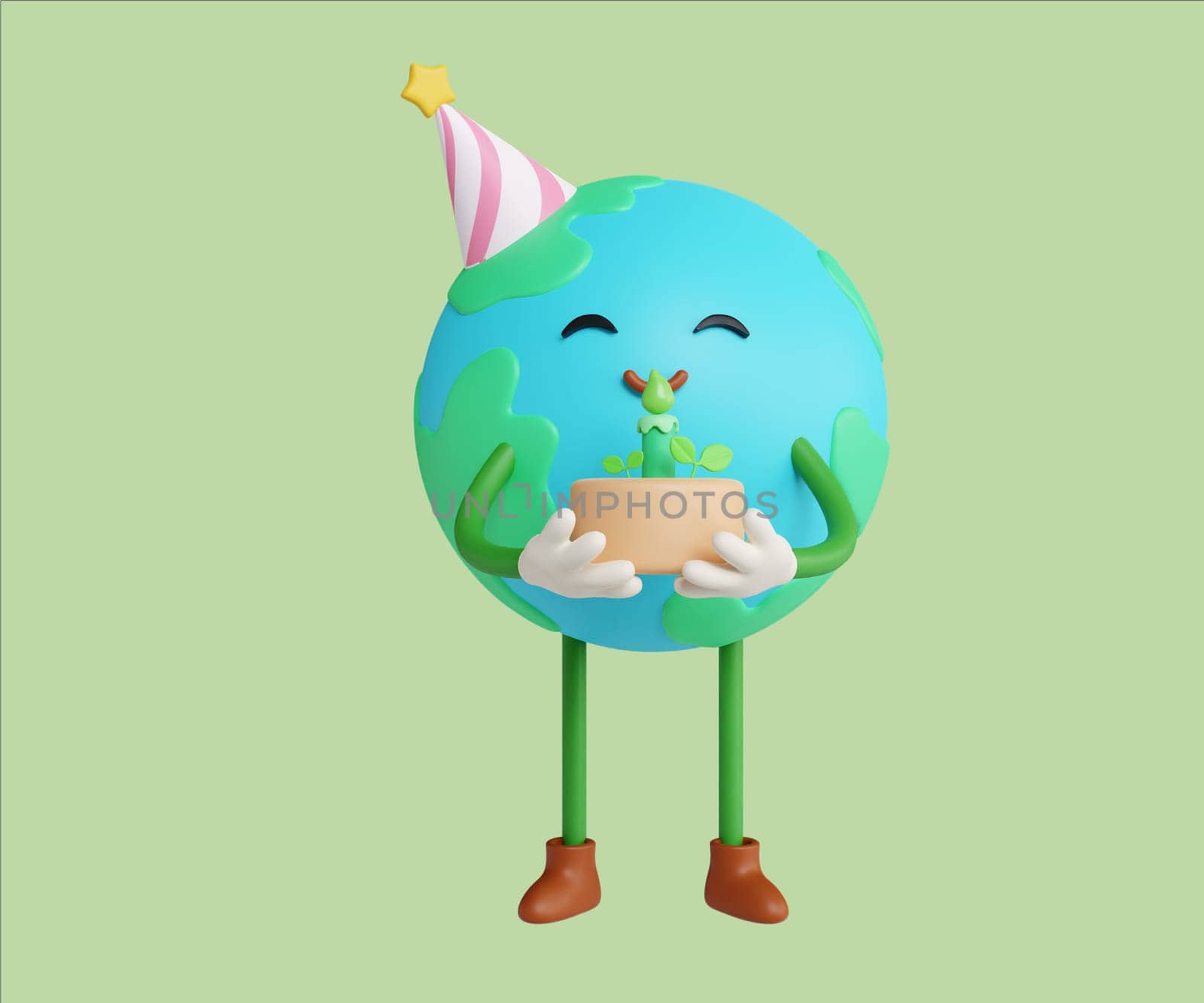 An eco-friendly Earth character celebrating sustainability while holding a plant.