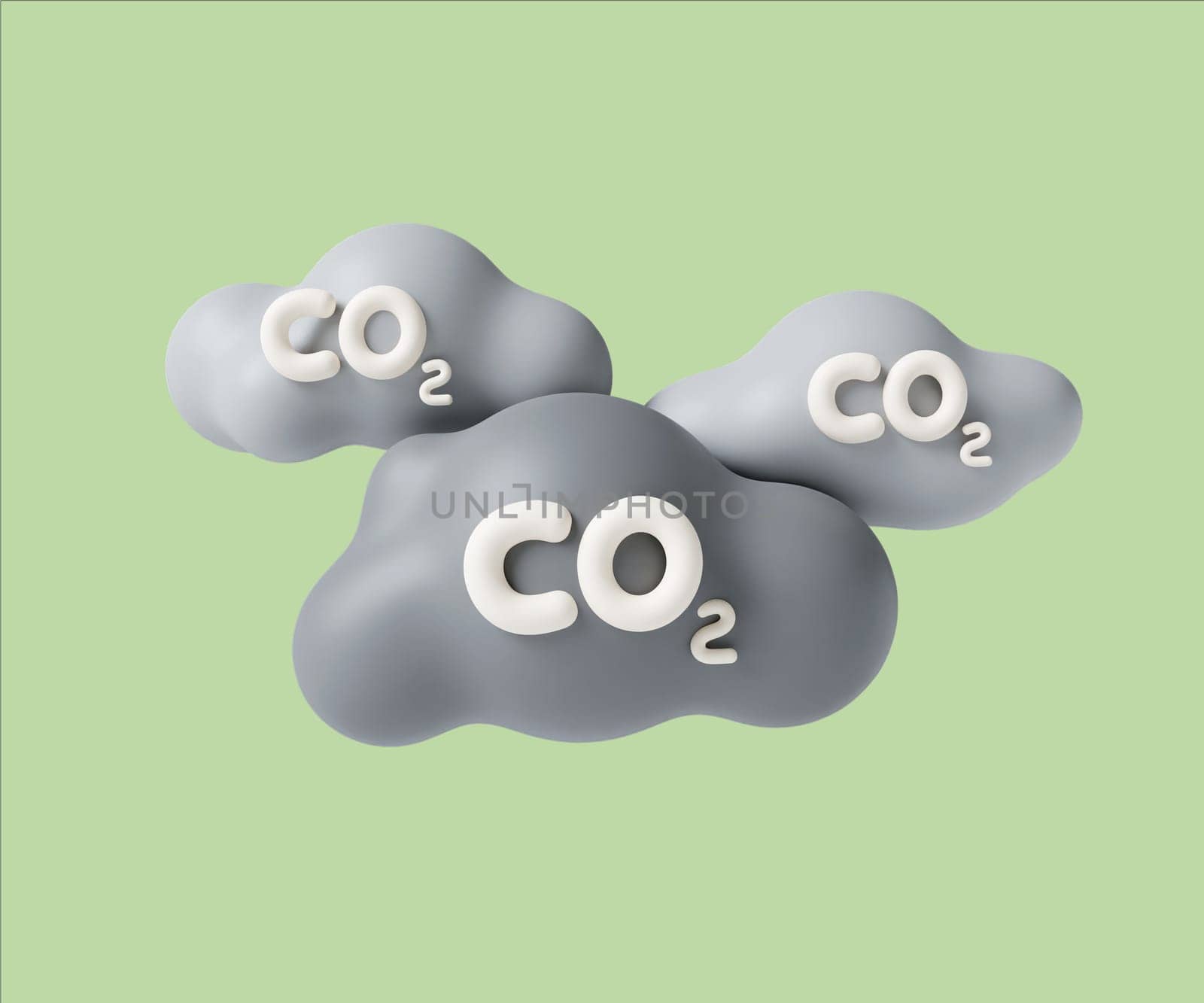 A 3D render of whimsical clouds labeled CO2, symbolizing air pollution and environmental concerns in a playful manner.