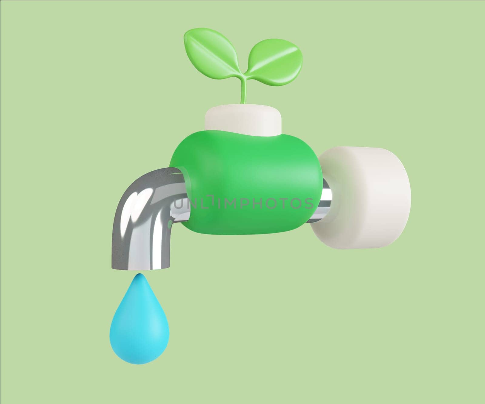 A 3D render of a green water faucet with a plant sprout, illustrating eco-friendly practices and water conservation.