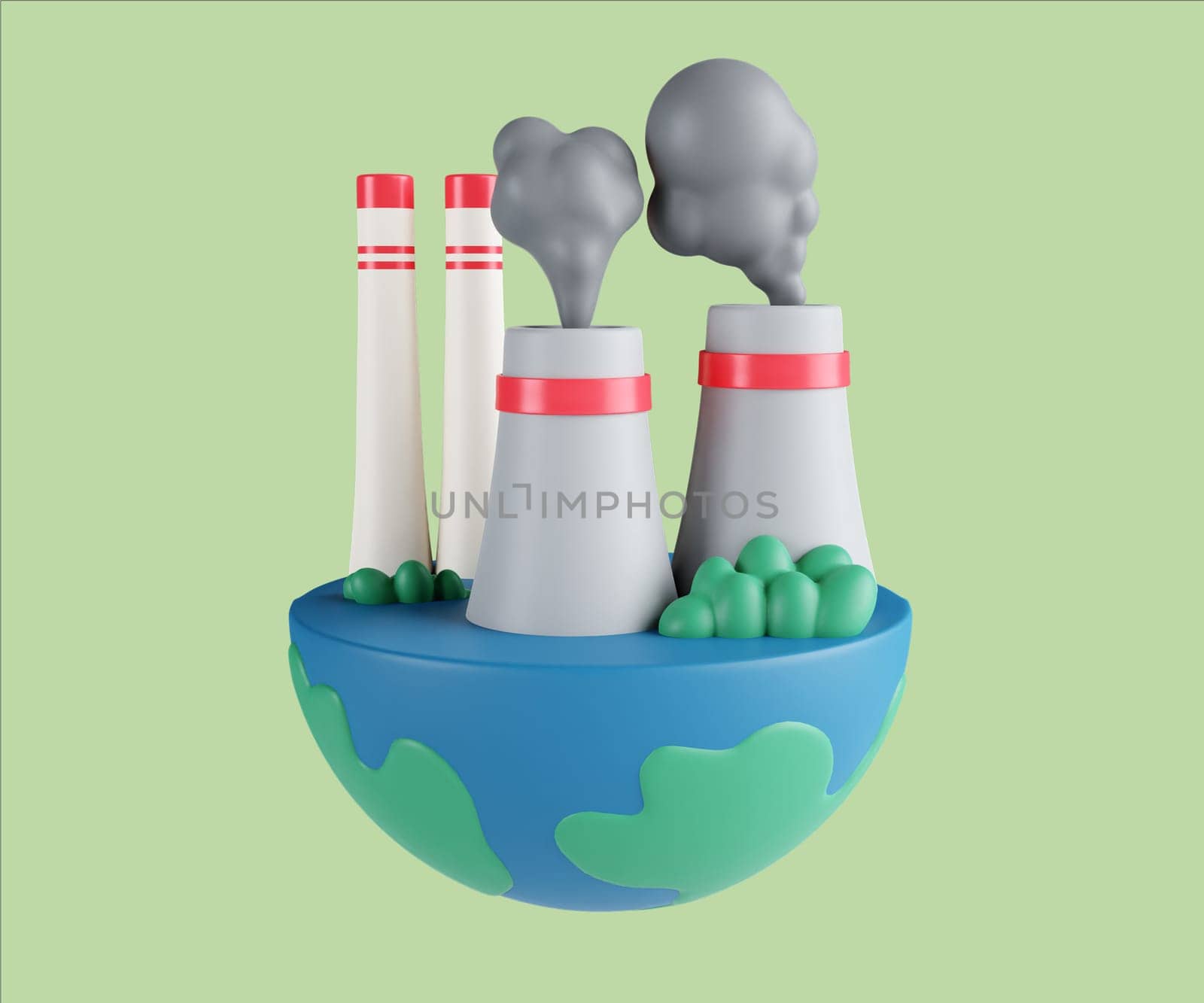 A 3D render illustrating an eco pollution scene featuring factories emitting smoke, representing environmental concerns.