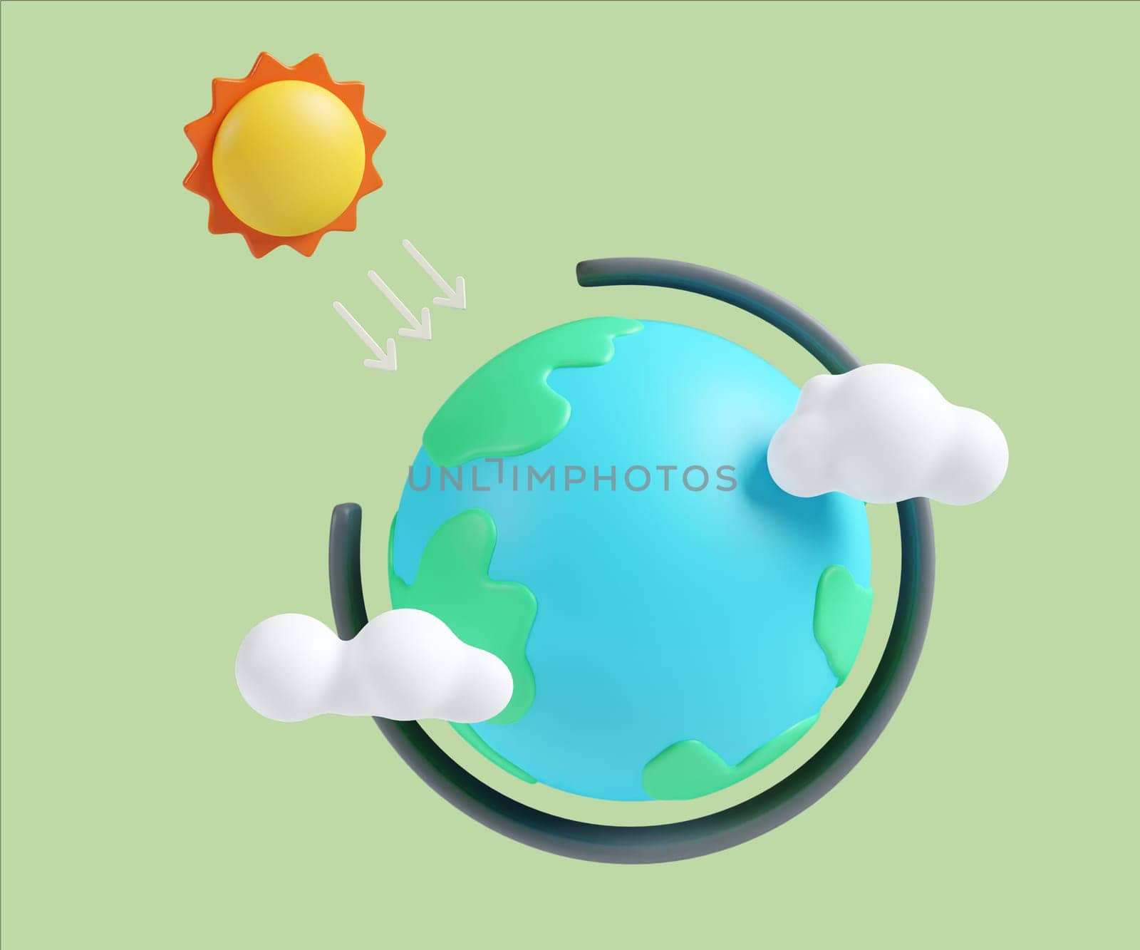 A vibrant 3D render illustrating an eco-friendly Earth with a sun and clouds, depicting environmental awareness and sustainability.
