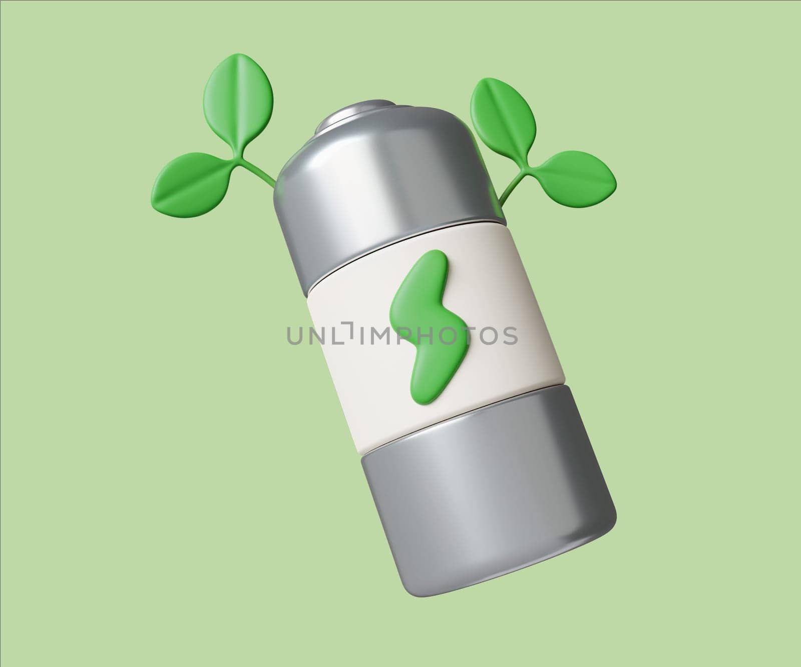 A 3D render of a battery featuring green sprouts, emphasizing sustainable energy and eco-conscious practices.