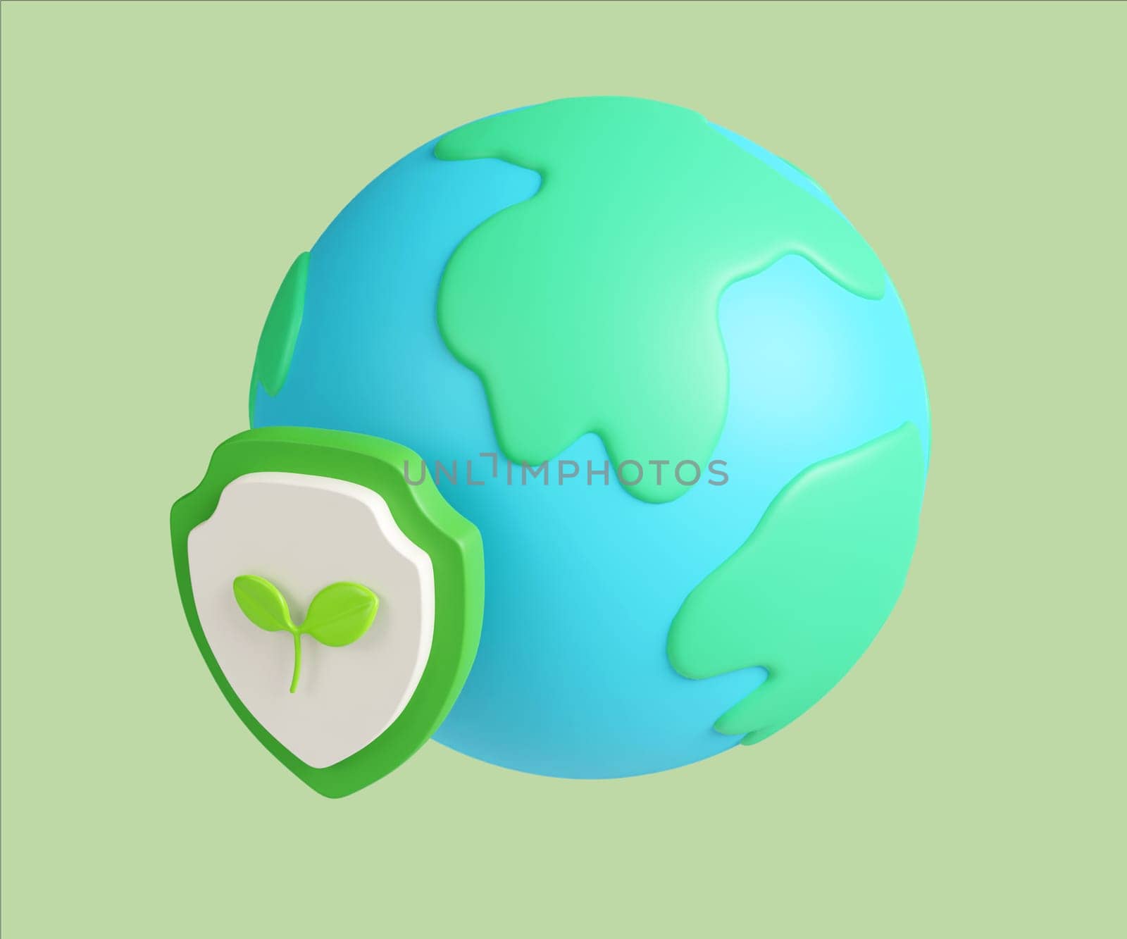 An engaging 3D render illustration of an eco-friendly globe protected by a green shield, symbolizing earth preservation.