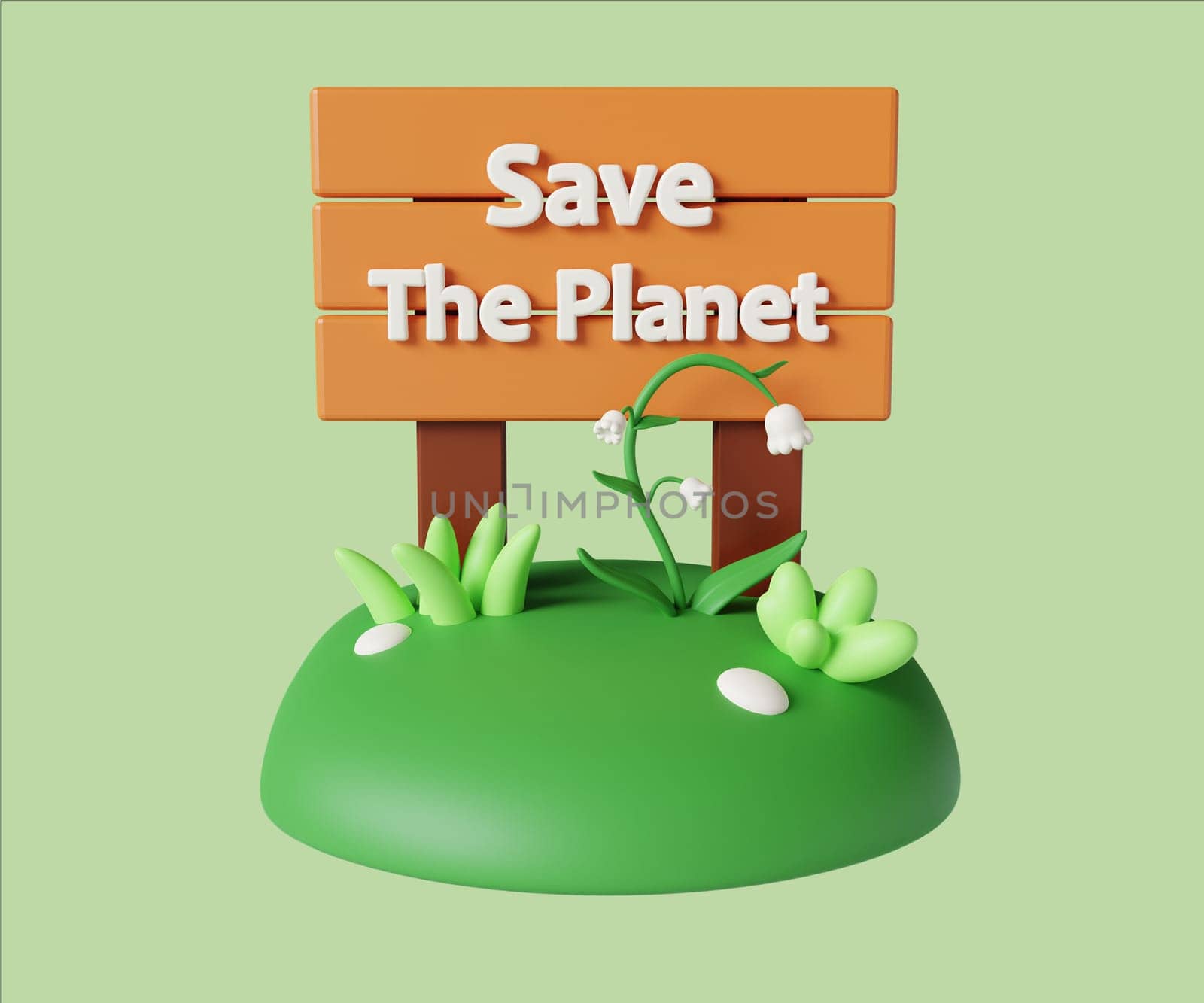 A vibrant 3D render illustration featuring a Save the Planet sign surrounded by lush grass, promoting eco-awareness.