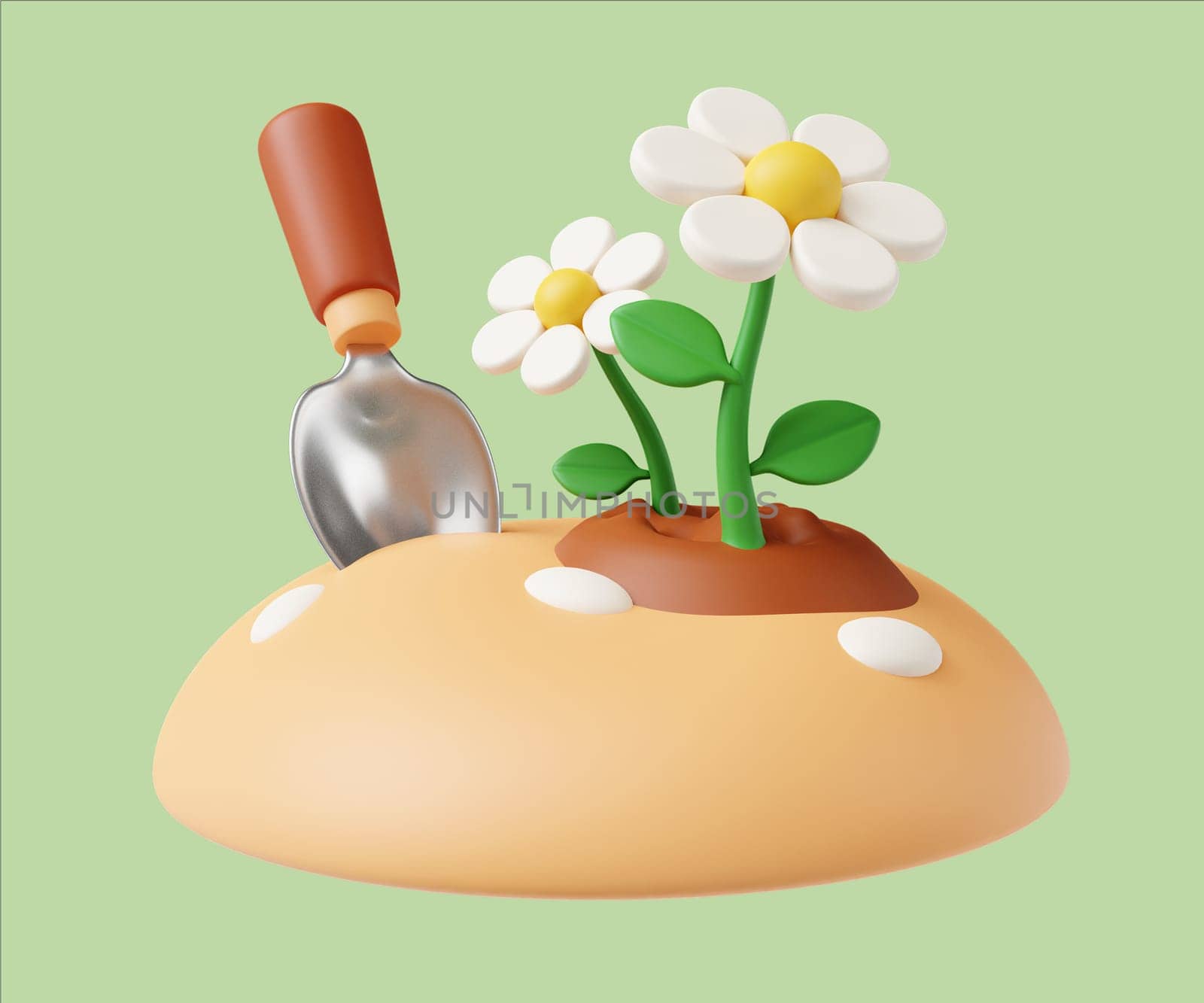 A detailed 3D render featuring gardening tools and a blooming flower plant, symbolizing growth and eco-friendliness in nature.