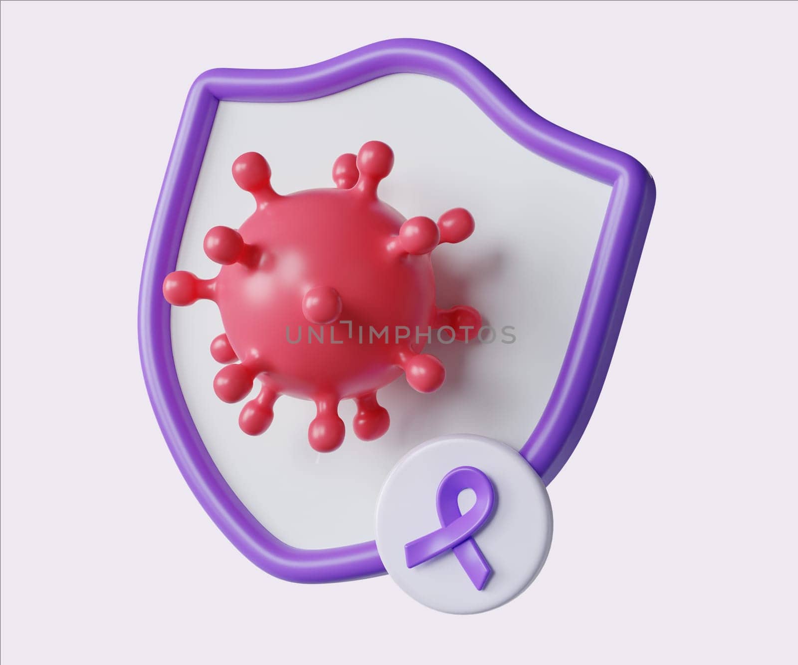 Defense Shield anti Cancer with Purple Ribbon. World Cancer Day concept, February 4. Raise awareness, prevention, detection, treatment. Icon design 3d illustration.