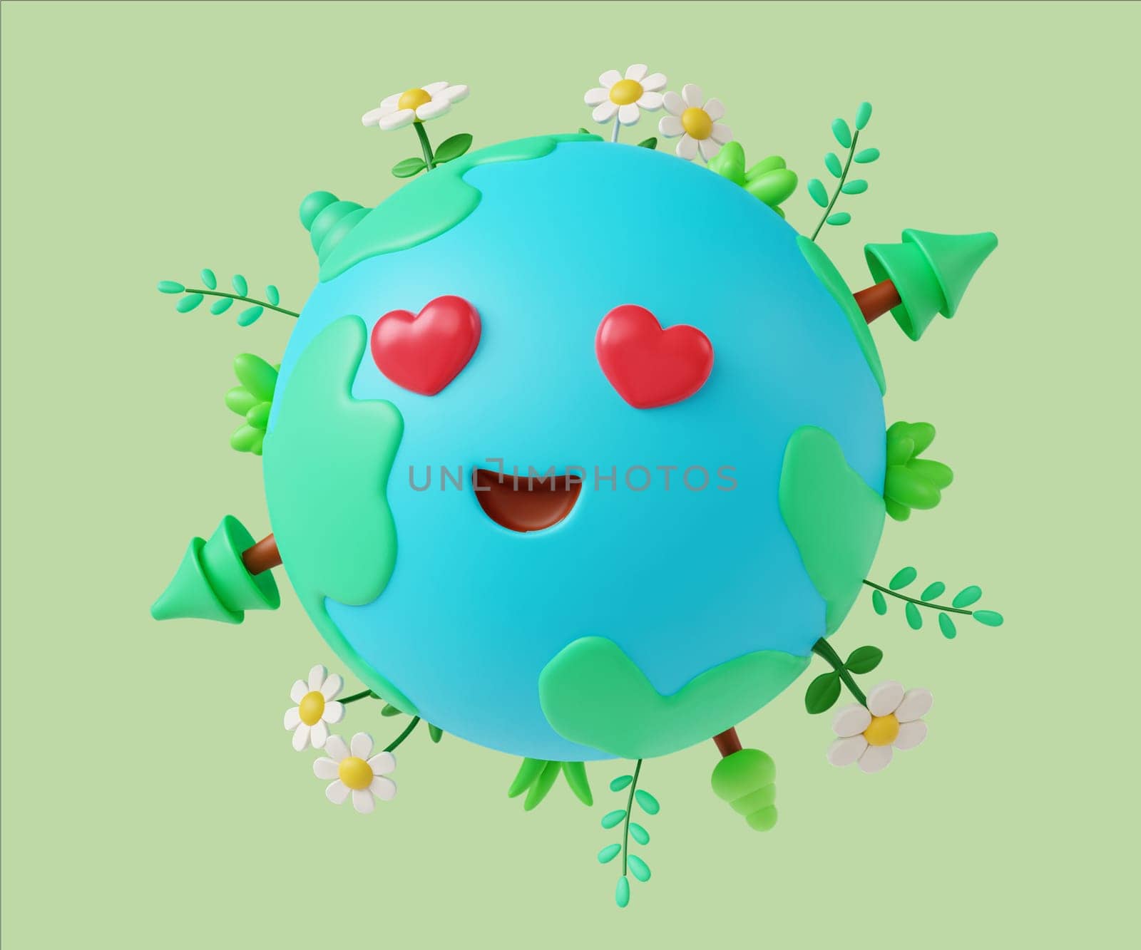 A cheerful 3D render of a planet Earth character with heart-shaped eyes, surrounded by flowers and trees, representing love for nature.